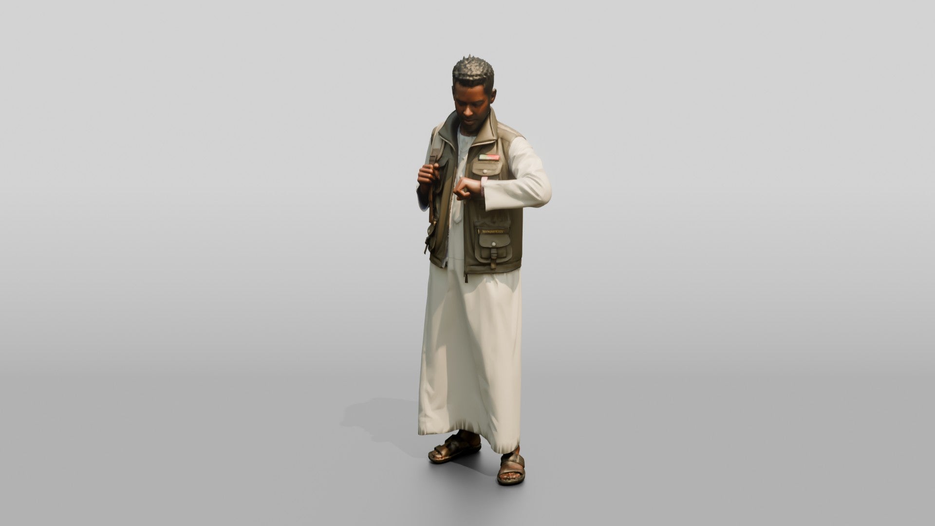 African Man in White Jalabiya Checking His Watch