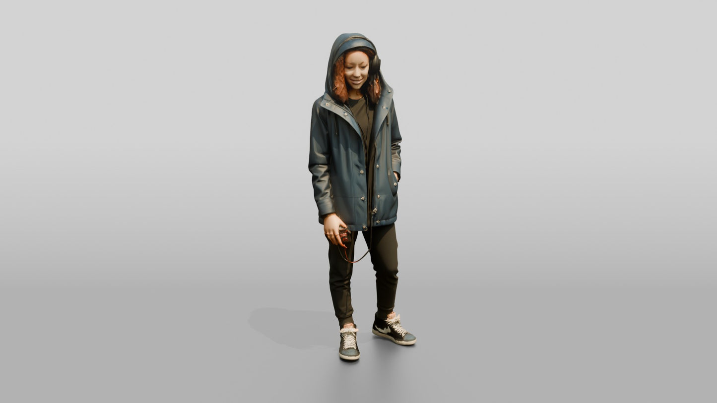 Teen Girl in Denim Rain Jacket with Headphones