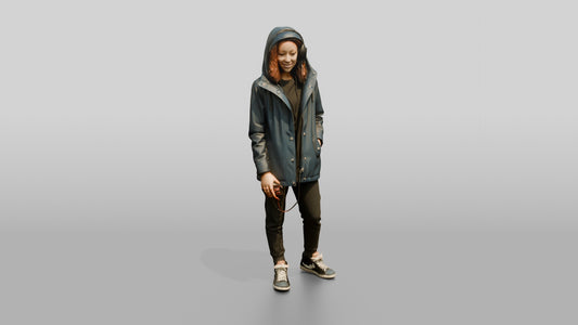 Teen Girl in Denim Rain Jacket with Headphones - 3D character model, view 1
