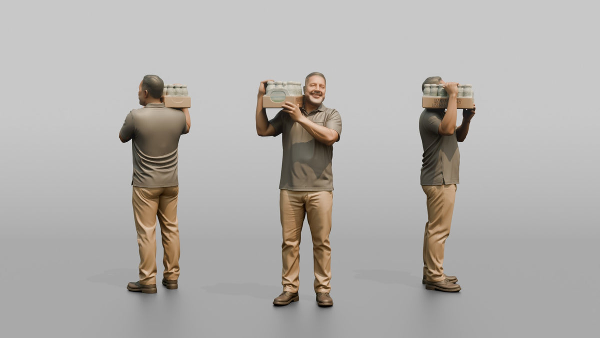 Father Carrying A Case Of Bottled Water On One Shoulder - 3D character model, view 1