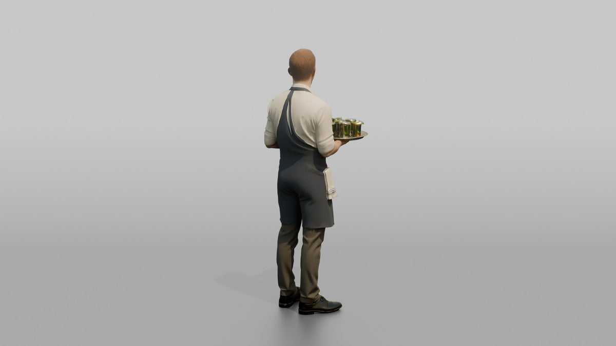 Bartender Man Holding A Tray Of Shot Glasses - 3D character model, view 3