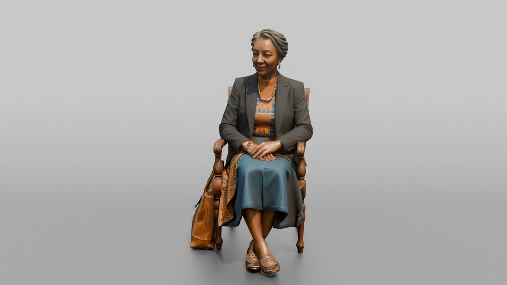 African Senior Woman Seated with Leather Tote Bag