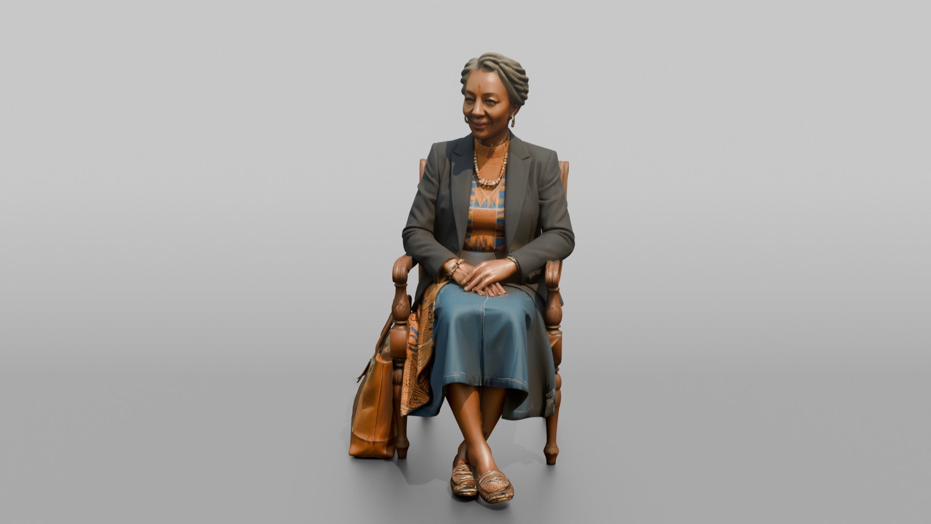 African Senior Woman Seated with Leather Tote Bag