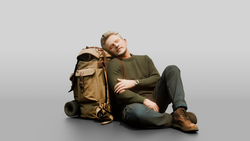 Homeless Man Asleep Leaning Against a Canvas Pack