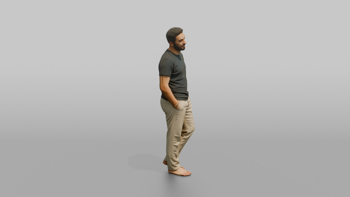 Vacationer Wearing Casual Crewneck Shirt And Linen Pants