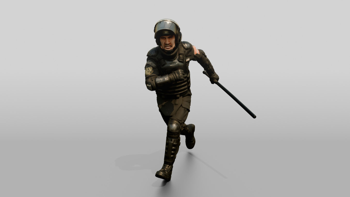 Riot Police Officer Running with Baton
