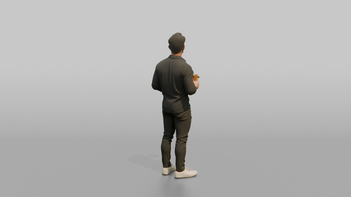 Patron Man Holding Two Drinks, One In Each Hand - 3D character model, view 3