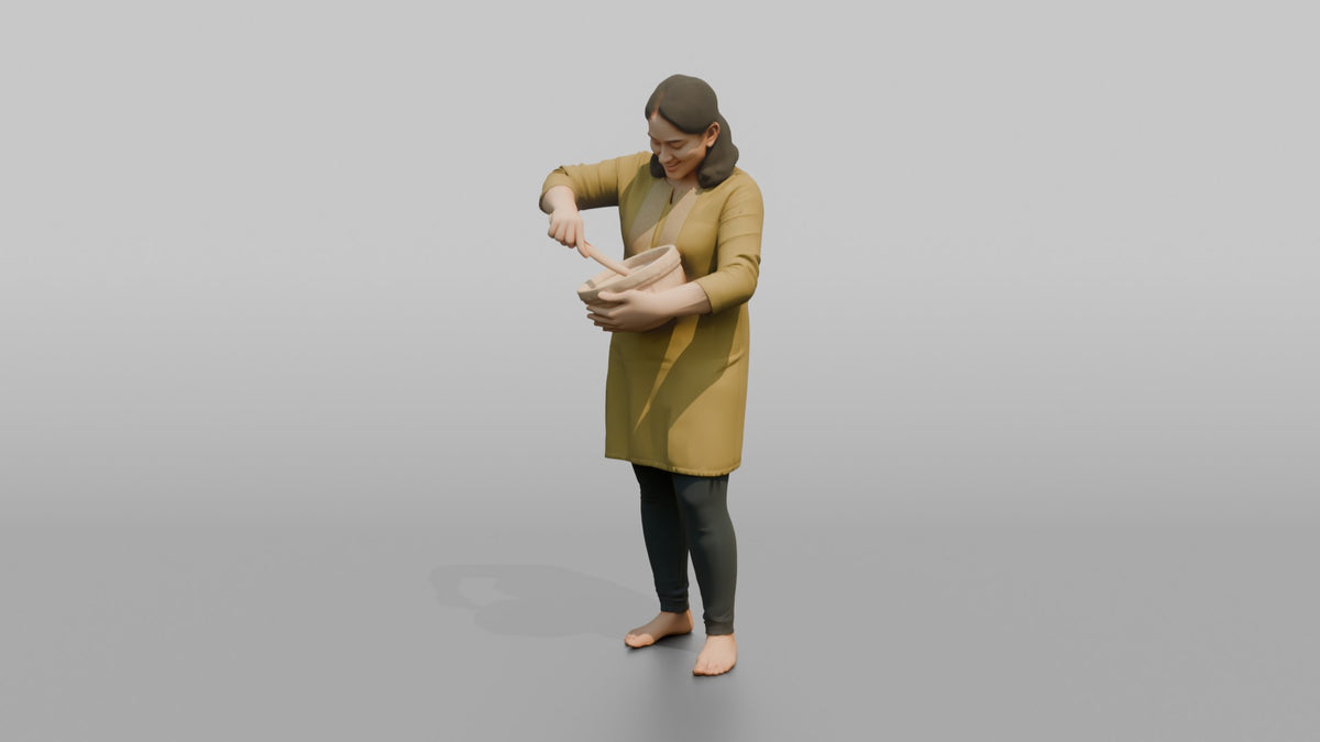 Mother Holding A Mixing Bowl And A Wooden Spoon, Stirring - 3D character model, view 4