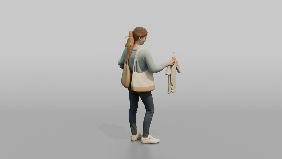 Woman Customer Carrying A Baby On Her Hip While Browsing Baby Clothes - 3D character model, view 3