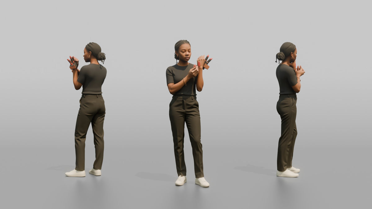 Woman Customer Comparing Two Lipstick Shades - 3D character model, view 1