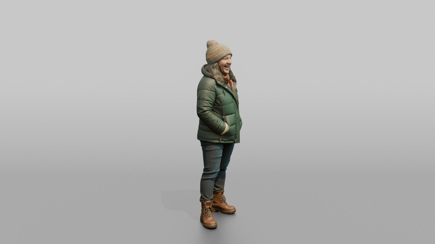 British Woman Laughing in a Puffer Jacket