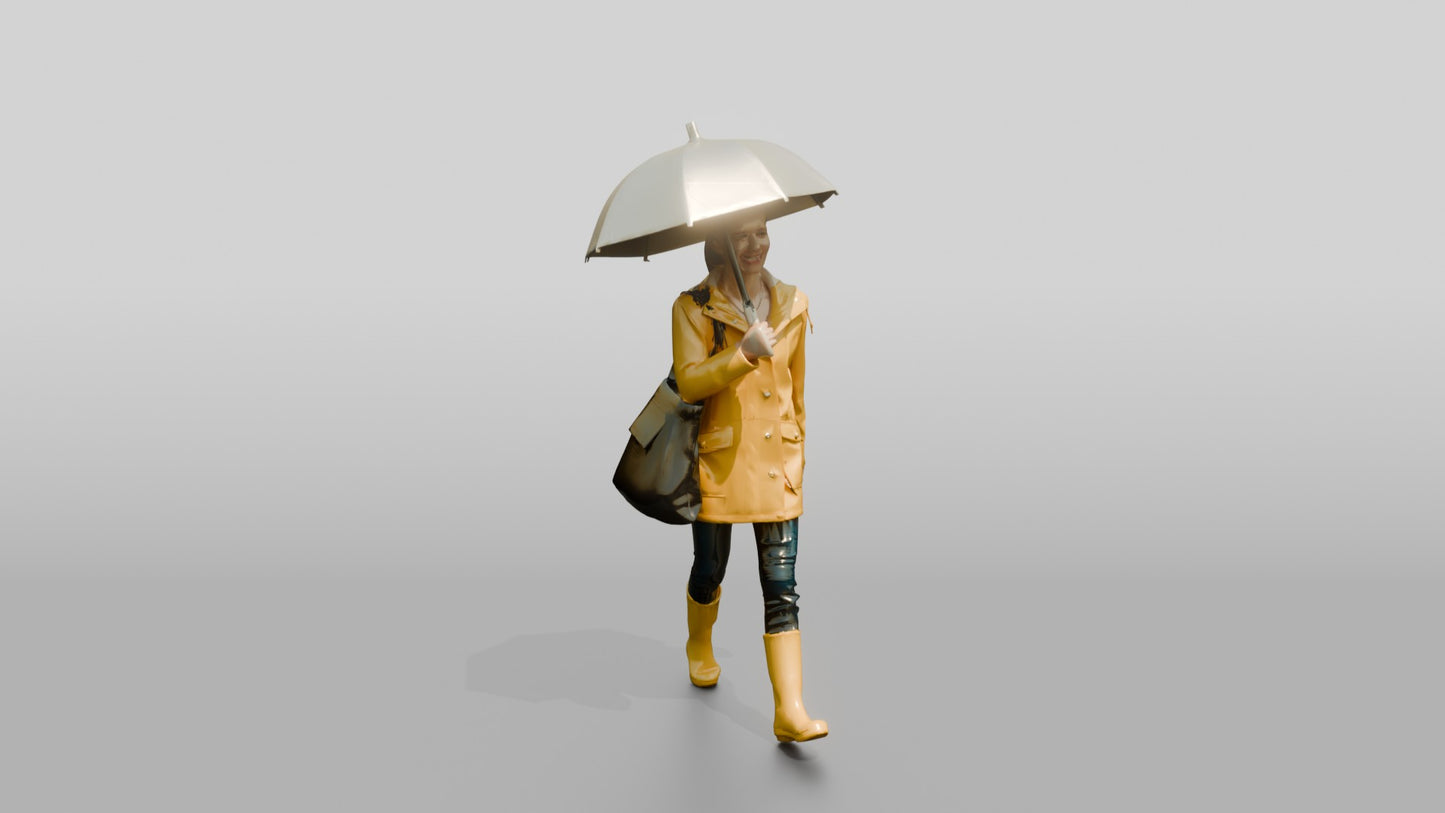 White Woman in Yellow Raincoat with Umbrella