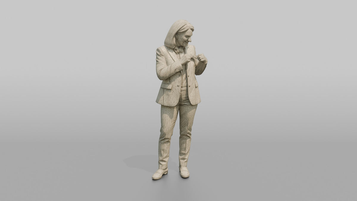 Host Woman Adjusting A Name Tag On Their Uniform - wireframe topology preview