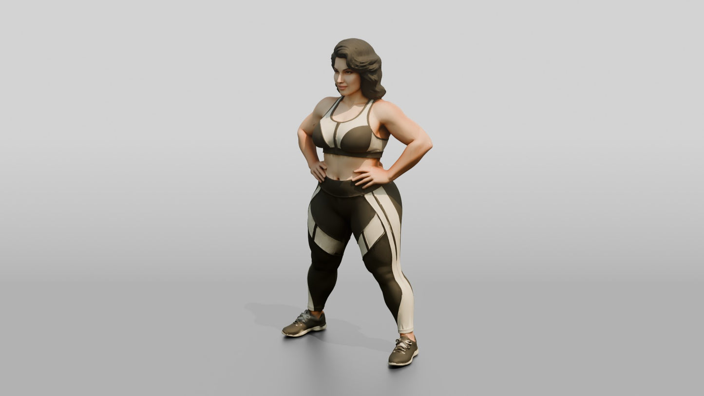 Curvy Woman in Taupe Activewear with Hands on Hips