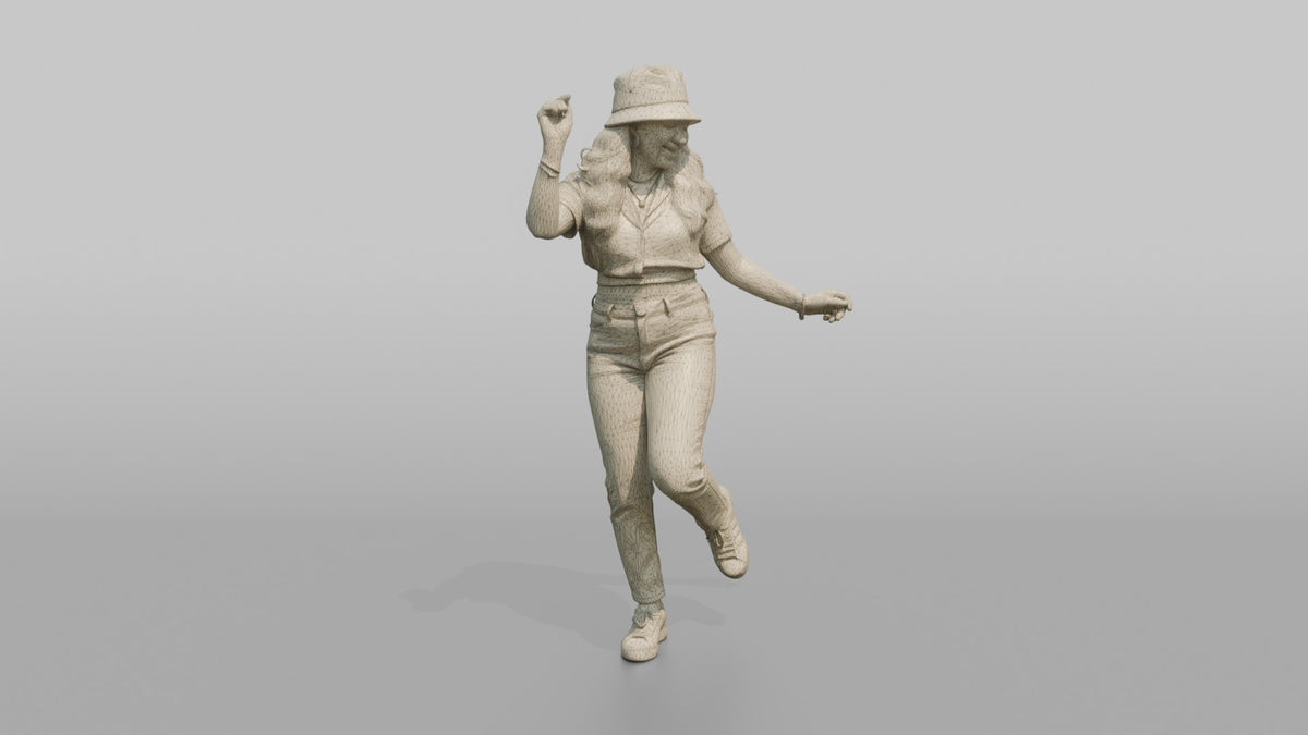 Patron Woman Wearing A Bucket Hat In A Bright Color, Dancing Casually - wireframe topology preview