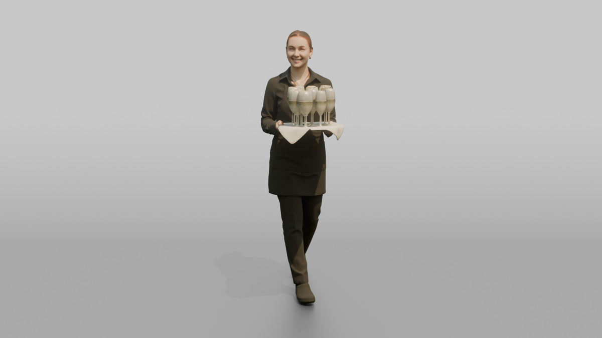 Cocktail Server Woman Balancing A Tray Of Champagne Glasses - 3D character model, view 5