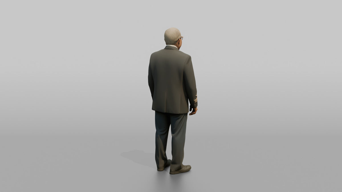Caucasian Flight Attendant Crouching to Talk to a Passenger - 3D character model, view 3