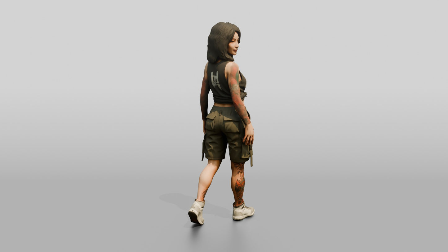 Tattooed Woman Walking in Cargo Shorts and Tank Top