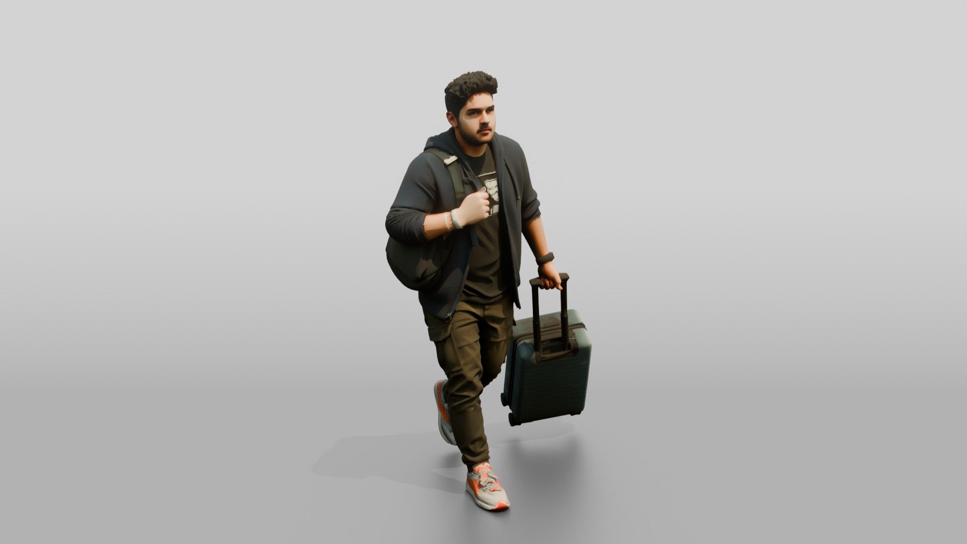 Plus-Size Man Running Through Airport Pulling Rolling Suitcase