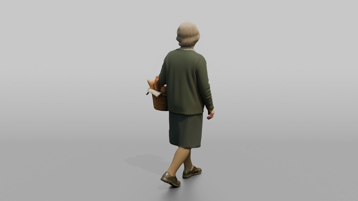 Grandmother Carrying A Wicker Basket Of Fresh Bread - 3D character model, view 3