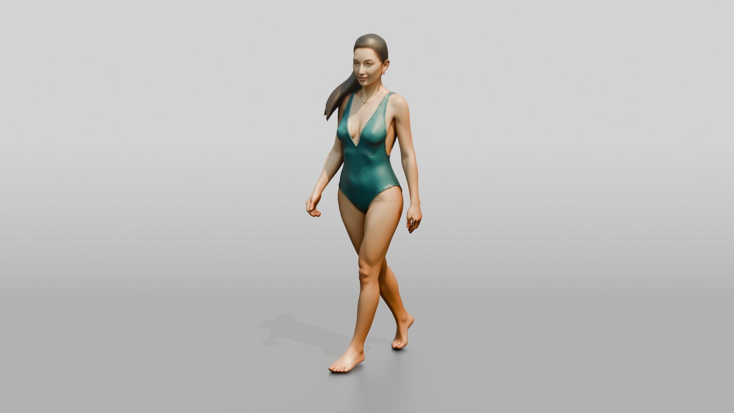 Woman in Green One-Piece Swimsuit Walking
