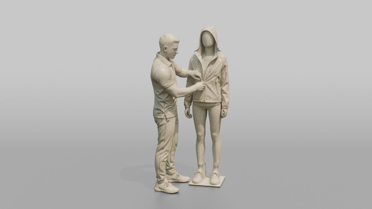 Man Sales Associate Dressing A Mannequin In A New Jacket - wireframe topology preview