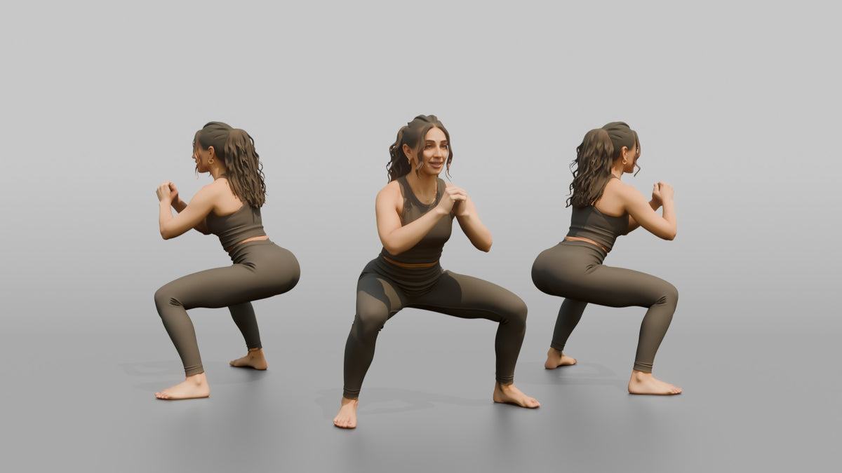 Fitness Influencer Woman Doing A Wide-stance Squat - 3D character model, view 1