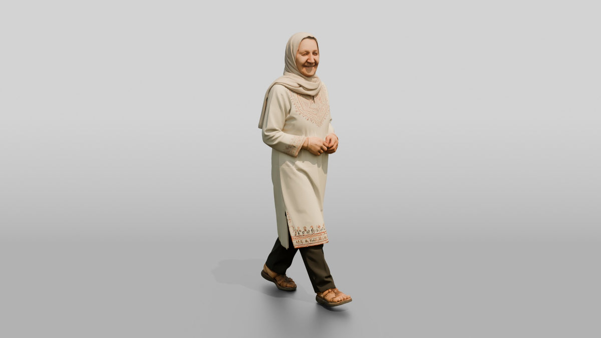 Petite Elderly Jordanian Woman in Hijab and Kaftan - 3D character model, view 1