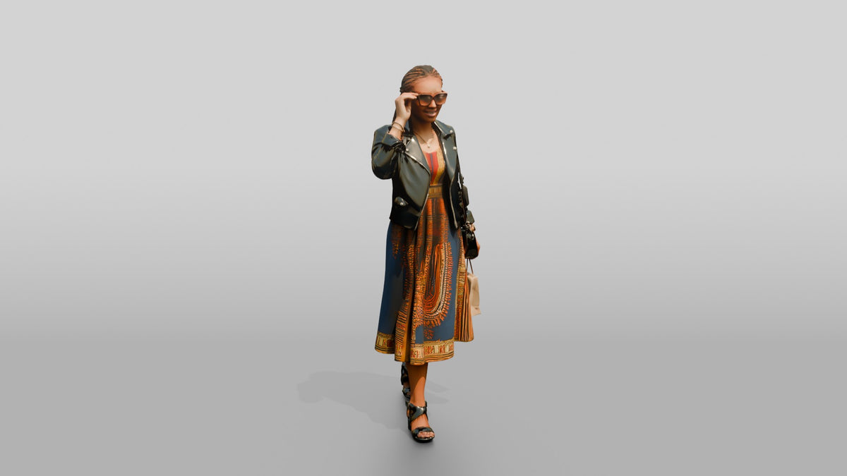 Stylish African Woman in a Leather Jacket and Print Dress - 3D character model, view 1