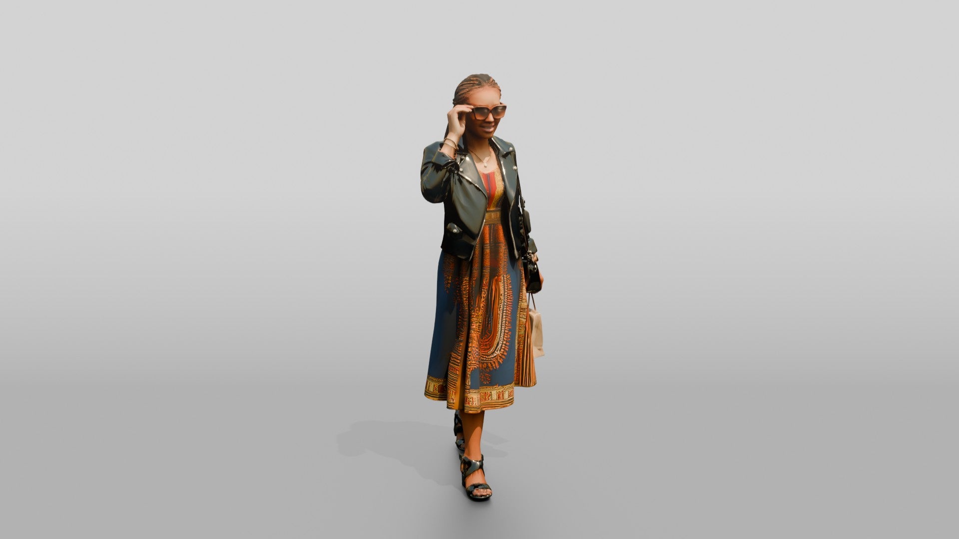 Stylish African Woman in a Leather Jacket and Print Dress