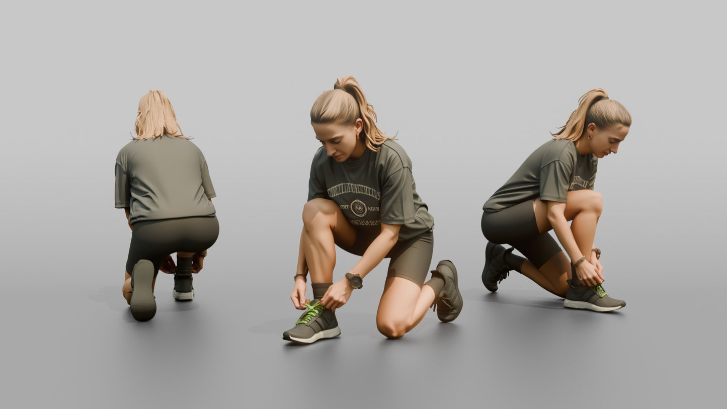 Woman Kneeling to Adjust Her Sneaker Laces