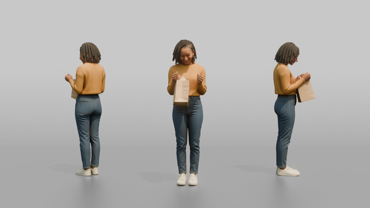 Woman Customer Holding A Shopping Bag Up To Check Its Contents - 3D character model, view 1