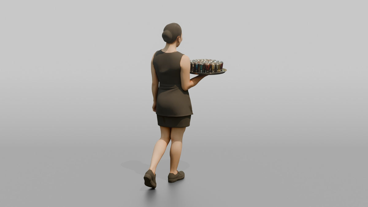 Cocktail Server Woman Carrying A Tray Of Colorful Shots - 3D character model, view 3