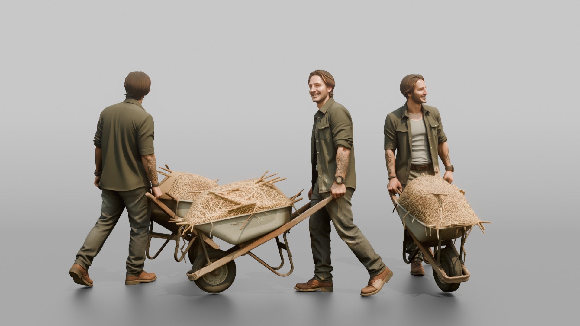 Farmer Pushing Wheelbarrow Overflowing Fresh Straw