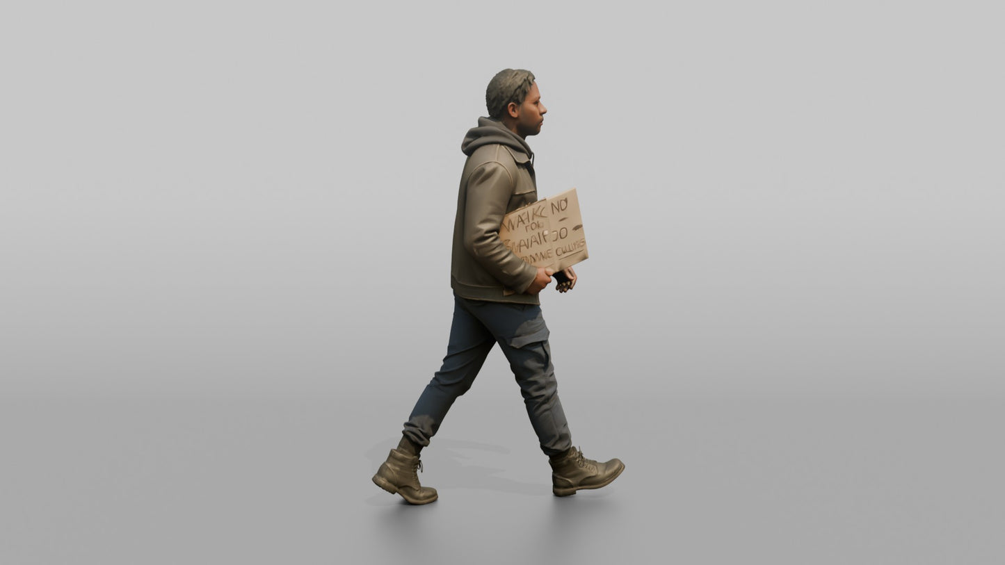 Protester Man Walking with a Cardboard Sign