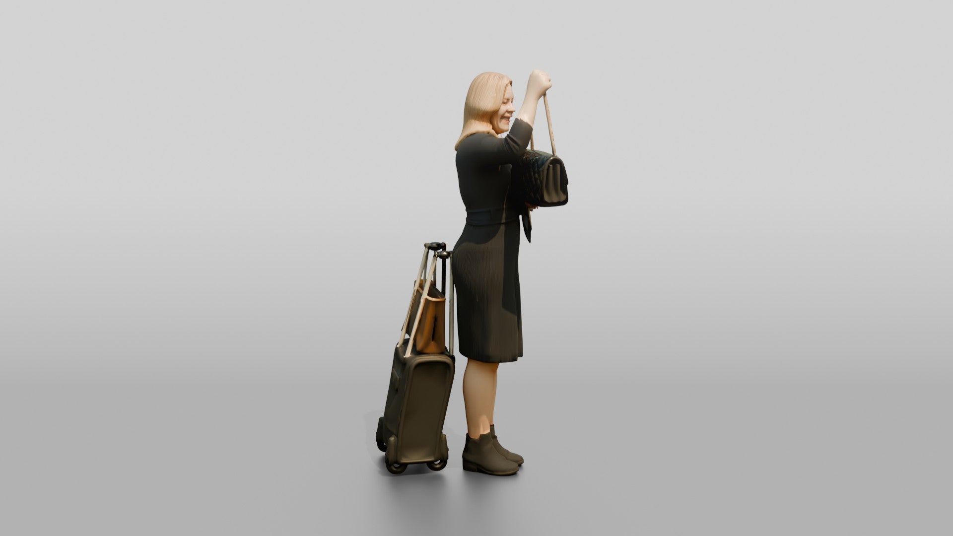 Plus-Size Blonde Woman in Black Dress with Rolling Suitcase