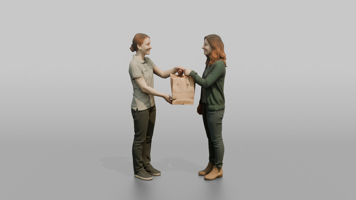 Woman Cashier Handing A Paper Shopping Bag To A Customer - 3D character model, view 5