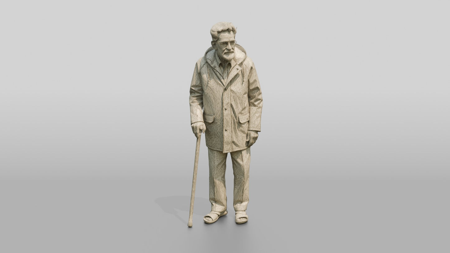 Elderly Indian Man in Grey Raincoat with Cane