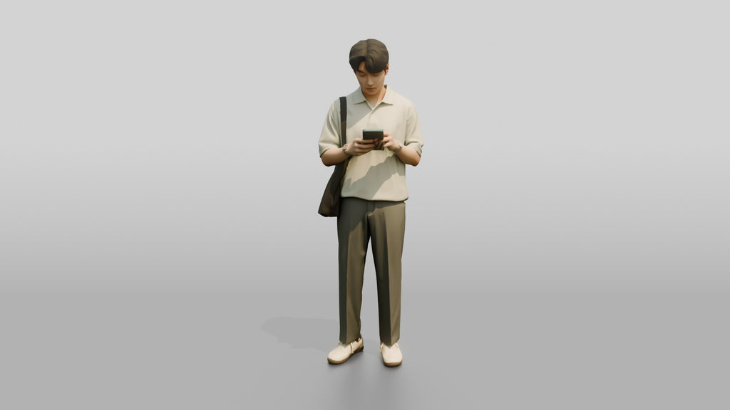Man Checking Phone in Cream Polo