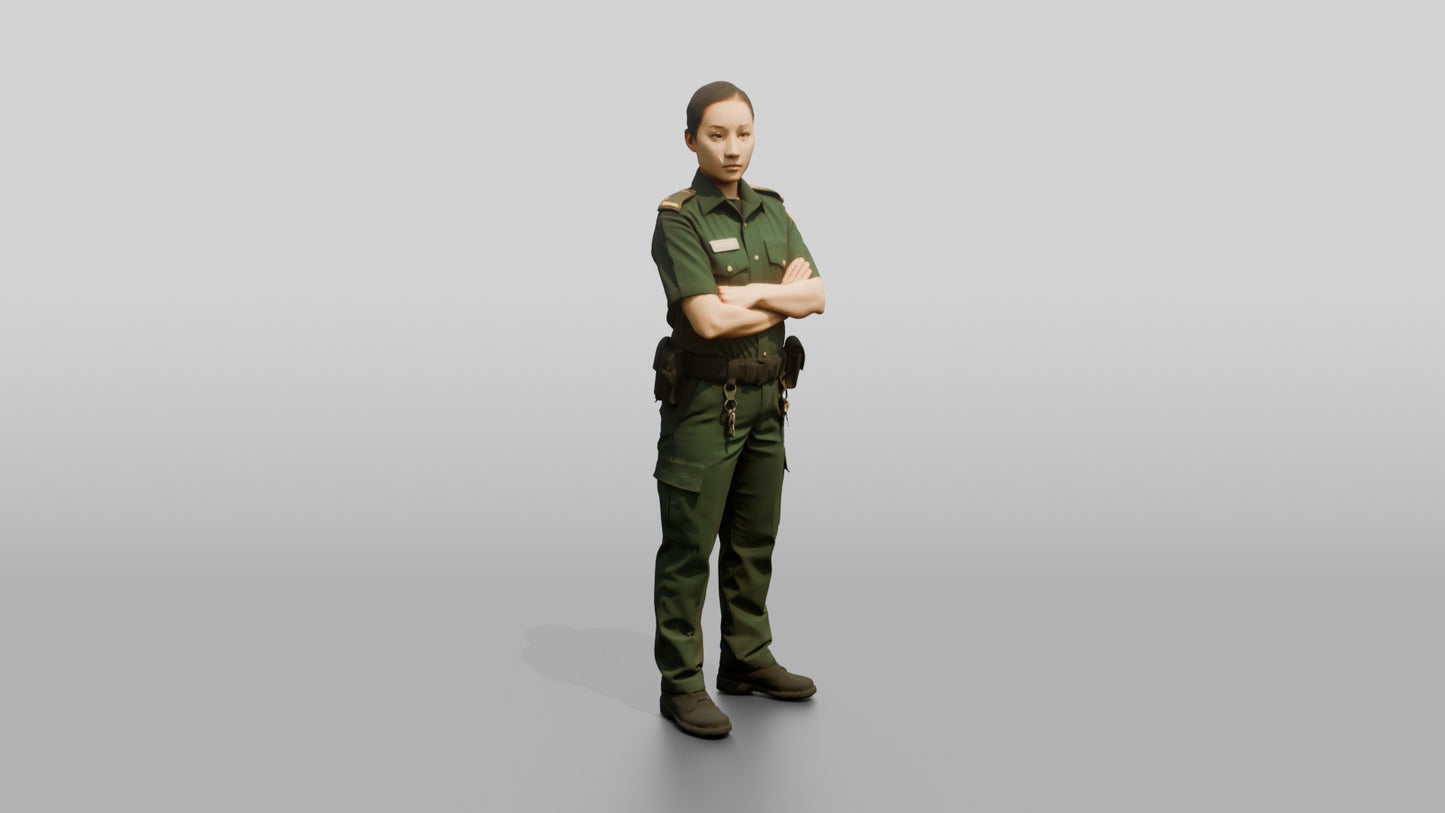 East Asian Female Guard in a Dark Green Guard Uniform