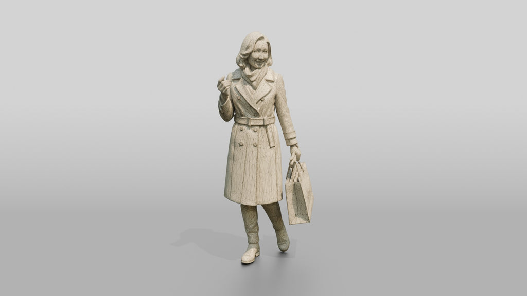 Woman in Double-Breasted Coat with Shopping Bag