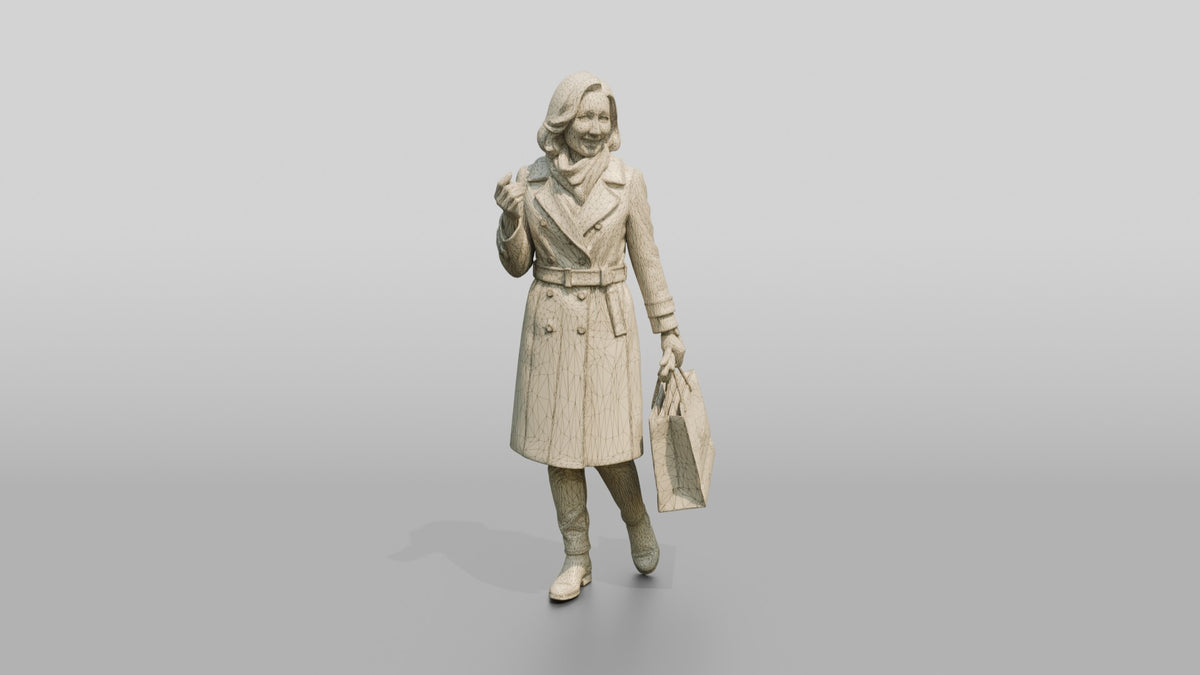 Woman in Double-Breasted Coat with Shopping Bag - wireframe topology preview