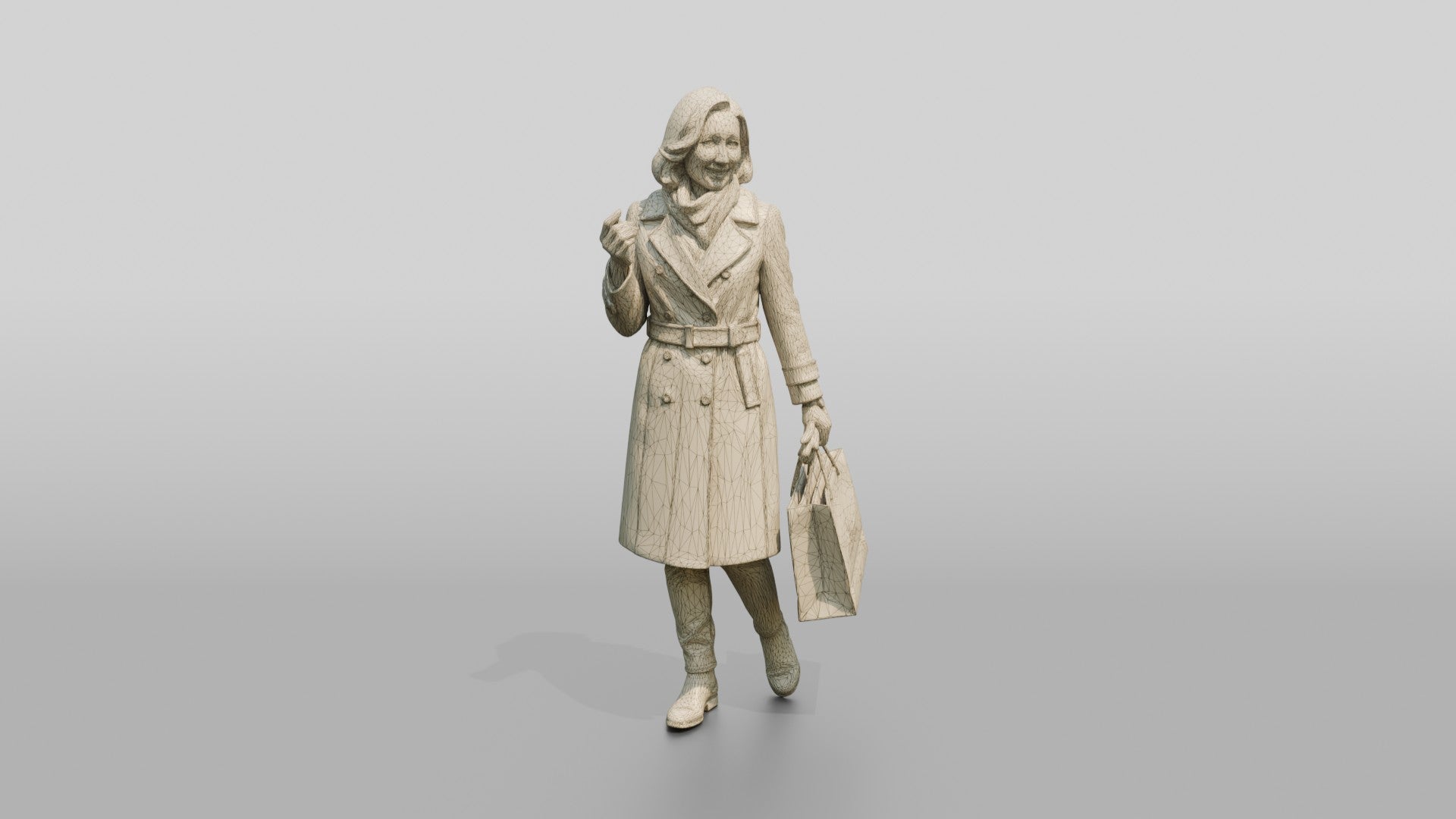 Woman in Double-Breasted Coat with Shopping Bag