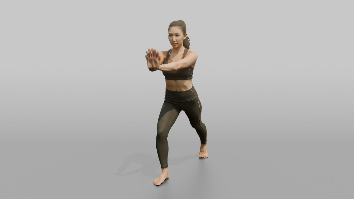 Fitness Influencer Woman Doing A Calf Stretch Against An Invisible Wall - 3D character model, view 2