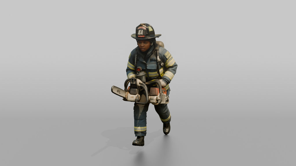 Firefighter Woman Sprinting Carrying a Heavy Rescue Chainsaw
