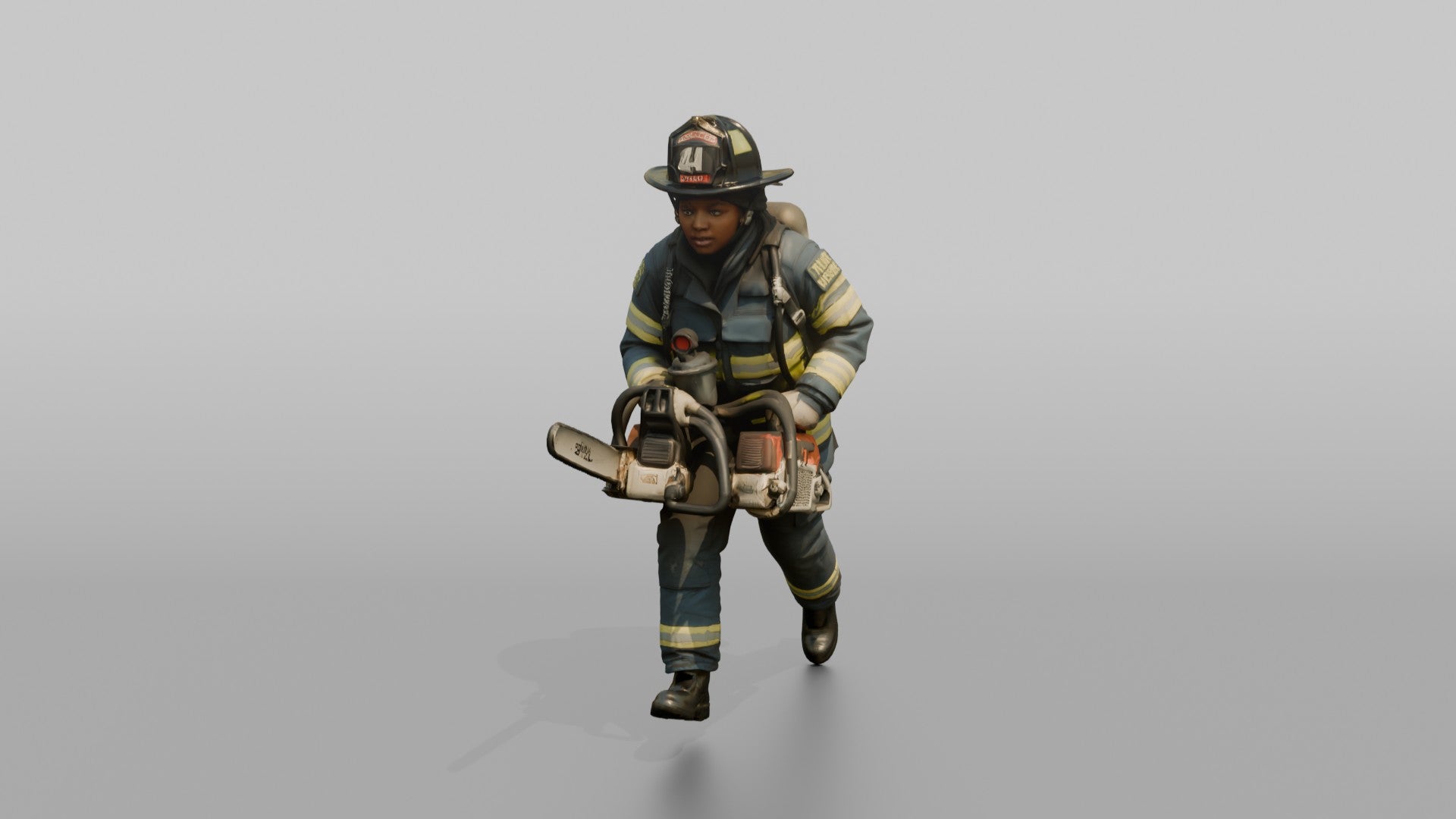 Firefighter Woman Sprinting Carrying a Heavy Rescue Chainsaw