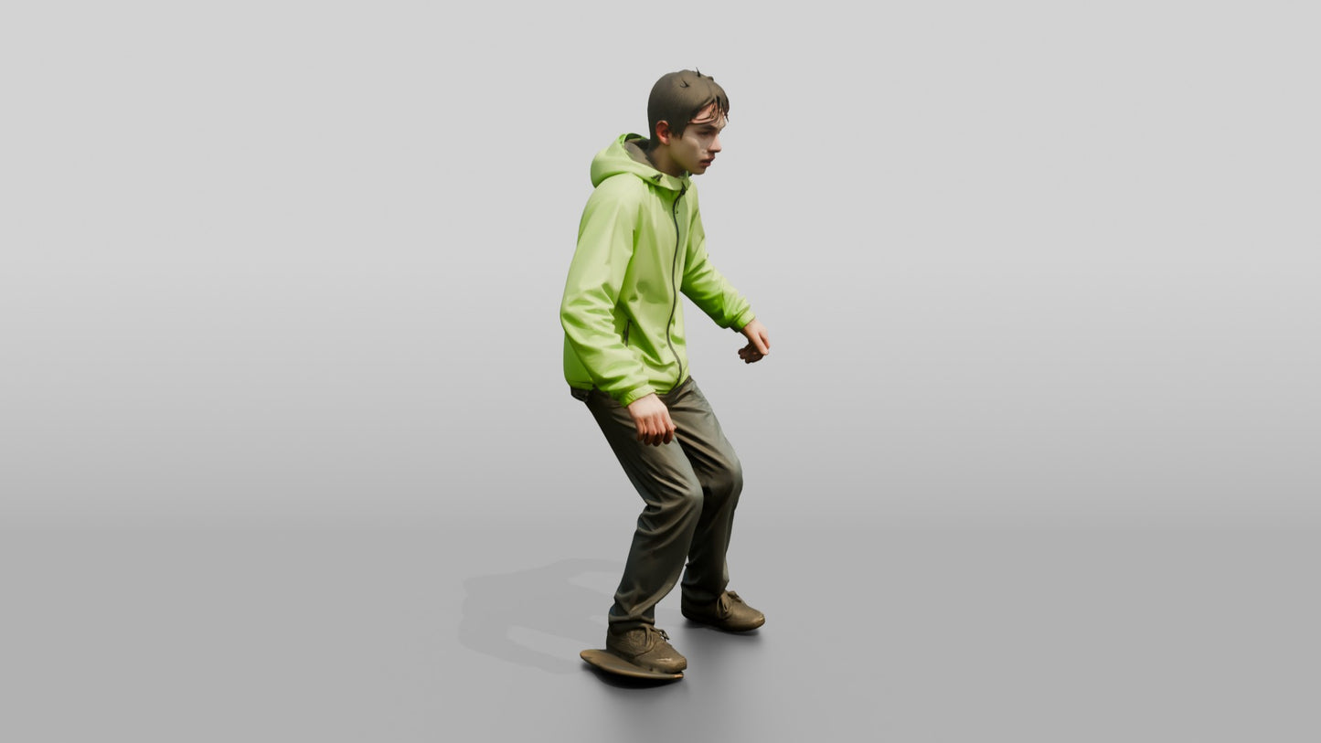 White Teen Boy Skateboarding in Green Jacket