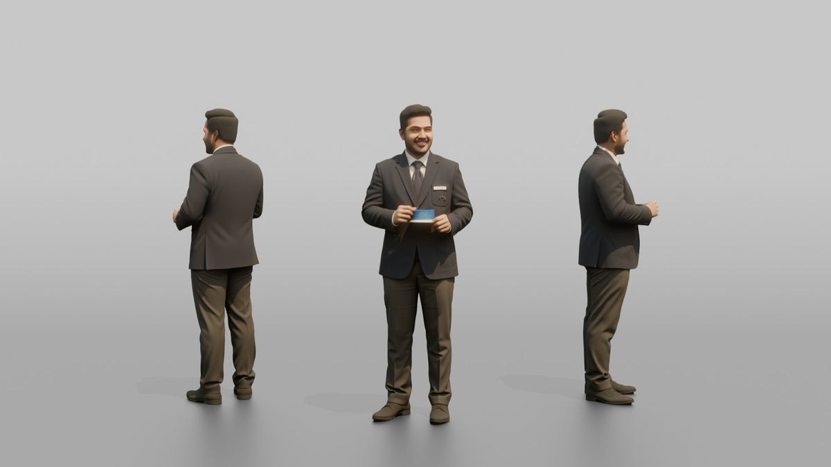 Receptionist Man Presenting A Room Key Card With Both Hands - 3D character model, view 1