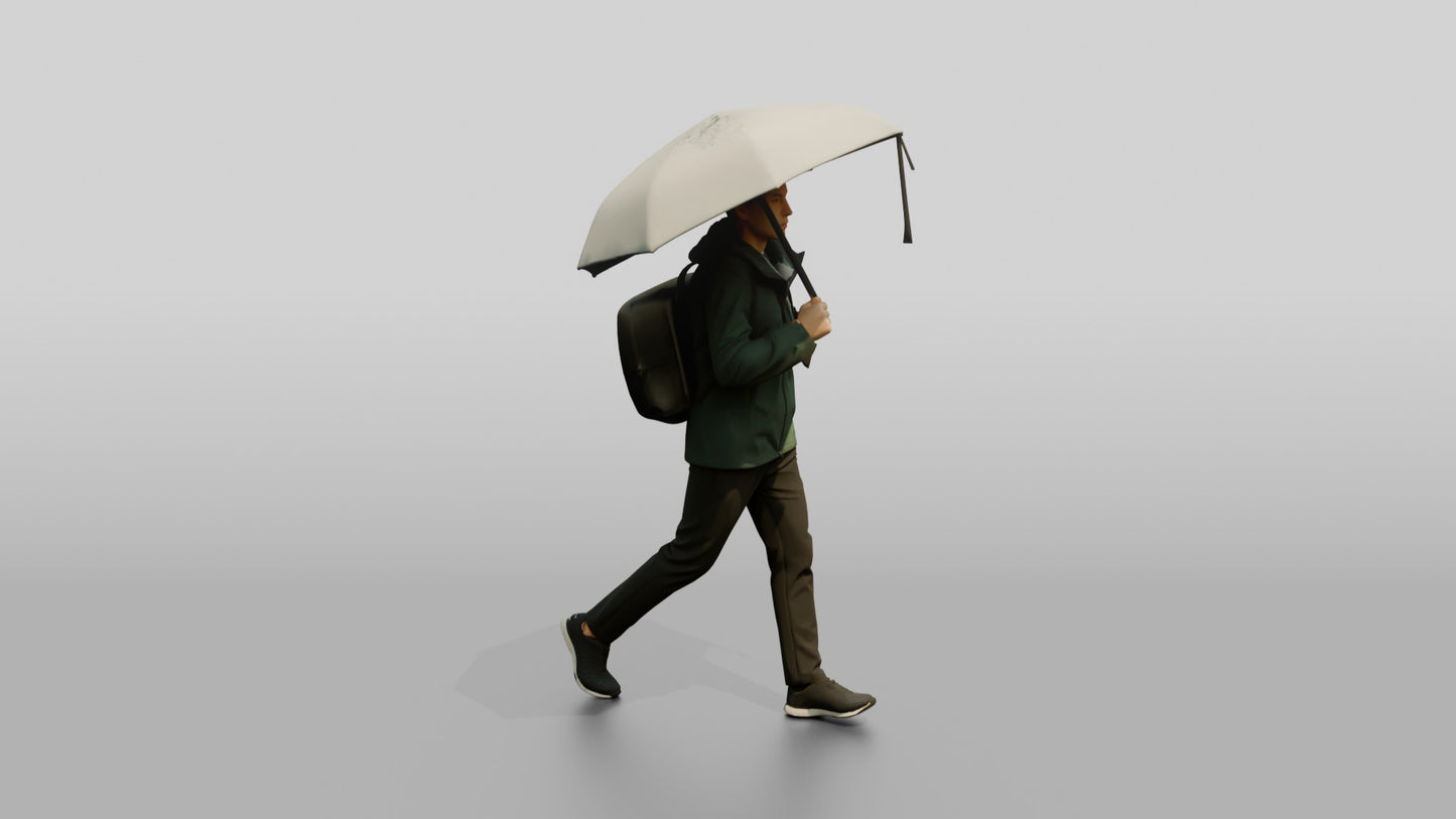 East Asian Man in Green Rain Jacket with Umbrella
