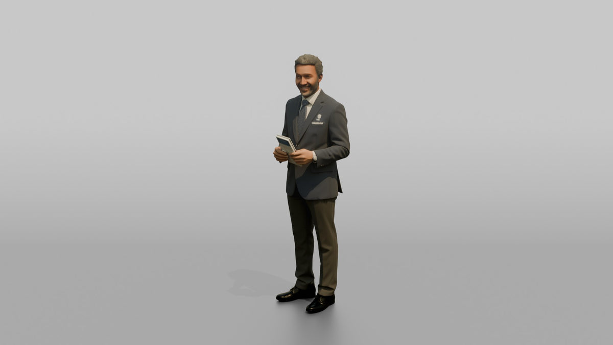 Receptionist Man Holding A Folded Hotel Map - 3D character model, view 4